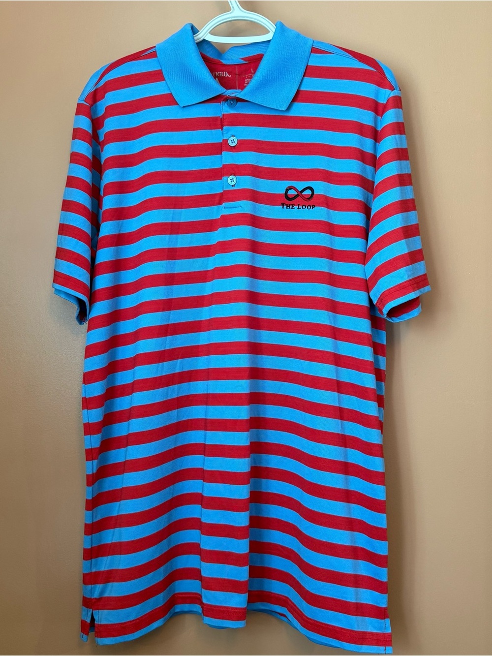 Antigua Men’s Large Red Blue Striped Performance Golf Polo The Loop Embroidered